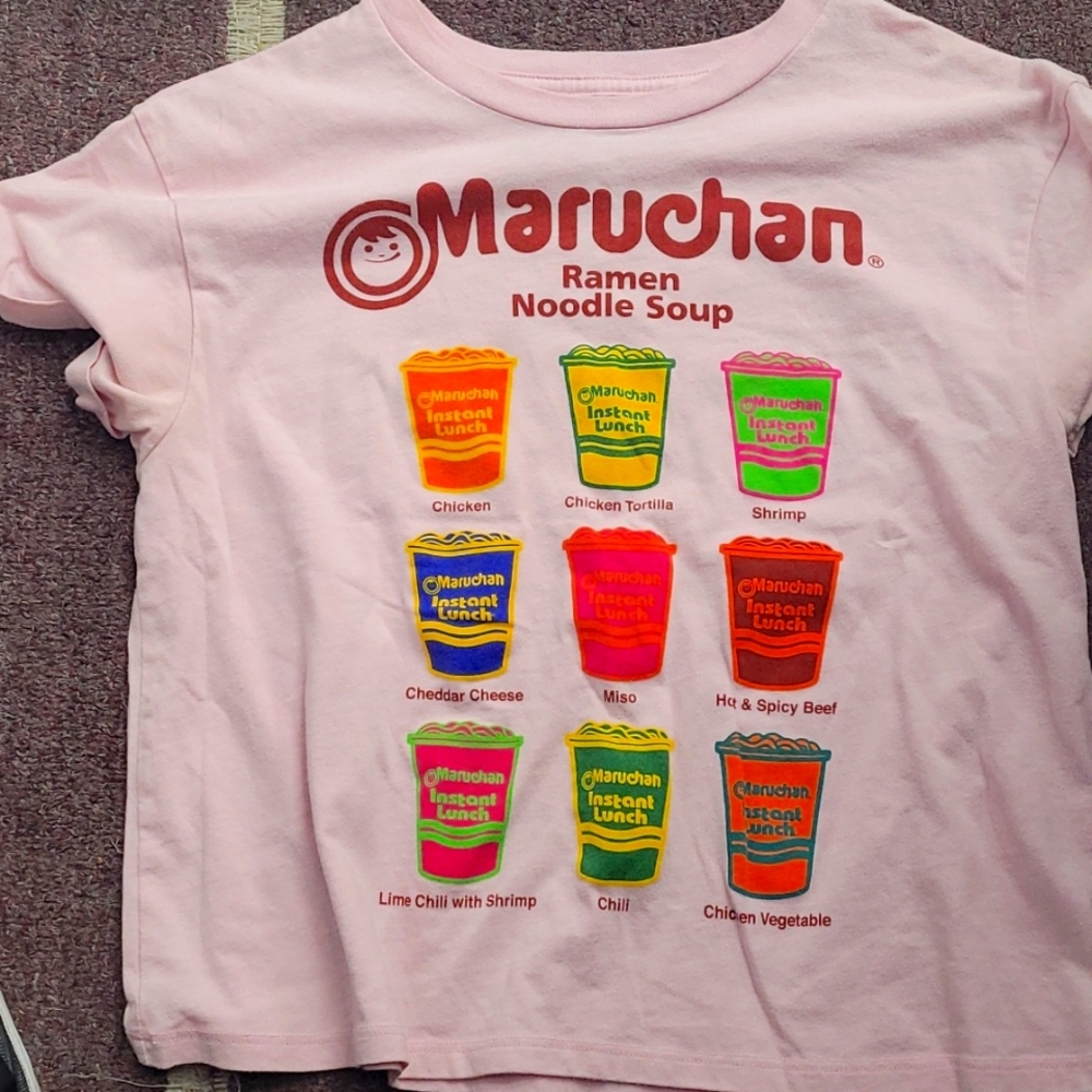 WOMENS RAMEN NOODLES PINK T-SHIRT KIDS XL WOMENS X SMALL